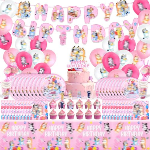 105Pcs Kindergeburtstag Geschirr Deko Mädchen- Rosa Geburtstag Partygeschirr Set mit Luftballon Balloon Happy Birthday Geburtstagsdeko Girlande Pappteller Tortendeko Party Supplies für 10 Gäste