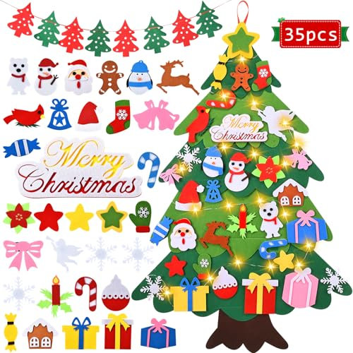 Felt Christmas Tree, DIY Christmas Trees for Toddlers, Wall Christmas TREE with Light, CHRIATMAS Tree with 35pcs Ornament, 3.35ft DIY ChristmasTree Set for Kids,New Year/Christmas Decorations