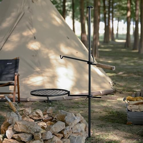 HEBEOT Grillrost Gusseisen Schwenkgrill Grillrost Holzgriff Barbecue Grill Grad Drehgelenk zum Aufhängen von Wasserkocher oder Topfgestell zum Kochen von Wasser, Nudeln