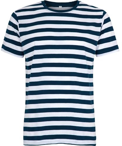 Compatibile con Mantis – Maglietta da uomo retrò a righe in stile marinaro, a maniche corte con scollo rotondo, certificata Oeko-Tex 100, cotone in conversione, vegana, blu navy, M