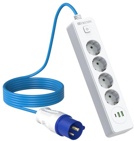 Försänkt uttag med USB, inbyggt uttag med strömbrytare, 4-vägs bordsuttag, grenuttag med 2 USB A+1 USB C, grenuttag med CEE-kontakt för camping, kök, husvagn, tält, 5 m kabel-vit