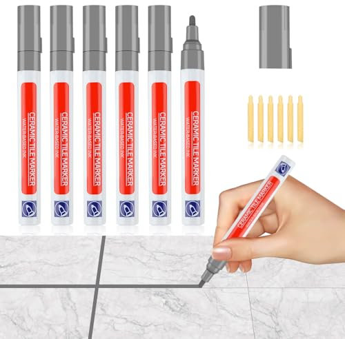 6 Piezas Rotulador Juntas Azulejos Gris Oscuro Mortero para Lechada para Azulejos Baño con 6 Punta de Repuesto Tile Grout pen Lápiz para Juntas Bolígrafo para Lechada de Pared Piso Baños y Cocina