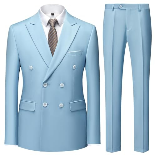 KUDMOL Men's 2-Piece Double Breasted Suit Peak Lapel Blazer Trousers Set