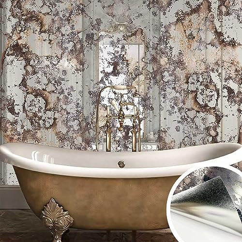 funlife Antique Mirror Wallpaper, Faux Vintage Rusted Mirror Motif, Peel and Stick PET Film, 115X150CM Humidity Grunge