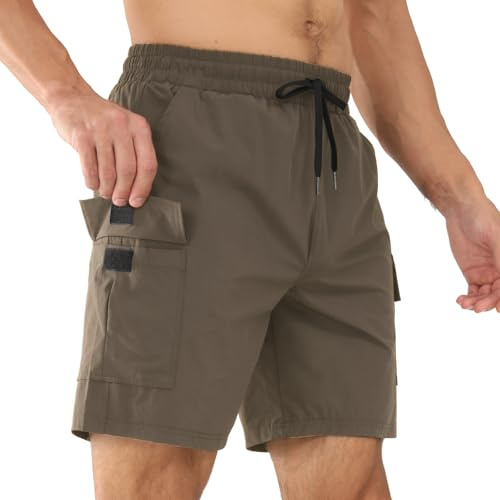 Superora Herr Cargo Shorts som andas snabbtorkande och elastiska shorts med avslappnad passform för sport och fritid, arbetskläder med flera fickor, khaki, XXL