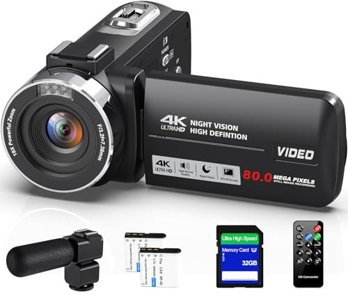 Delmodes Videokamera 4K 30FPS Camcorder 80MP 18X Digitalzoom IR Nachtsicht Vlogging Kamera, 3,0 Zoll IPS-Bildschirm YouTube Camera mit 32GB SD-Karte, Mikrofon, Fernbedienung und 2 Batterien