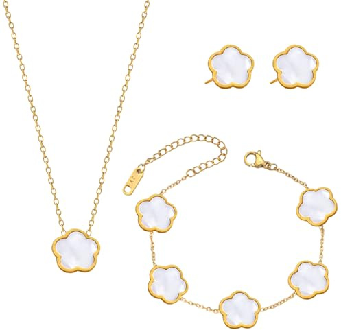 GWAWG Ensemble de Bijoux Trèfle à Quatre Feuilles Femme, Collier, Bracelet, Boucles d’Oreilles en Acier Inoxydable Or Rose 18K, Cadeau Élégant et Porte-Bonheur Anniversaire, Saint-Valentin