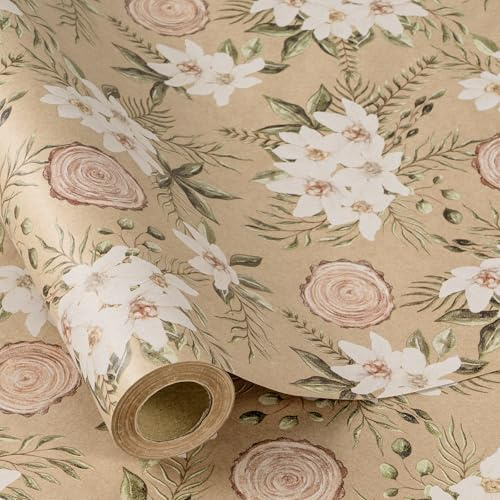 RUSPEPA Rotolo Di Carta Da Regalo Floreale Natalizia Per Donna E Ragazza,Motivo Vintage Con Fiori Bianchi E Verde, Elegante Carta Da Regalo In Carta Kraft Per Natale, Feste, Matrimoni, 43,2Cm X 5M