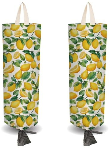 CRASPIRE 2 Soporte Bolsas Plástico Tela Forma Limón Amarillo 4 Ganchos Adhesivos Organizador Comestibles Reutilizable Lavable Colgar En la Pared Dispensador Bolsas Basura la Compra Armario Cocina
