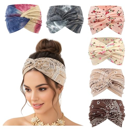 LynixTrade 6 Pcs Wide Headbands for Women's Hair Head Bands Adult Women Elastic Head Bands Soft Ladies Boho Fashion Bandanas Knot Twisted Knot Hair Accessories Elastic Fashion Yoga Headband
