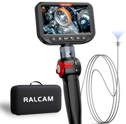 Ralcam Telecamera endoscopica con luce, fotocamera endoscope con testa mobile a 210°, sonda da 3,0 mm, schermo HD da 5, telecamera di ispezione IP67, tubo serpentina in acciaio inox da 1,5 m, camera
