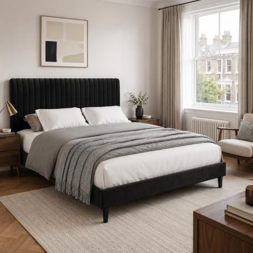 HOMBCK King Bed Frame, 150 x 200 cm, Upholstered Bed with Velvet Headboard, Adjustable Height, Wooden Slat Support, No Box Spring Needed, Black
