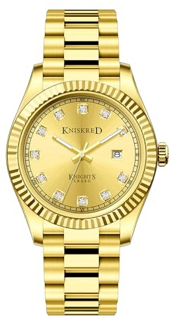 KNISKRED Montre Classique pour Homme avec Bracelet en Acier Inoxydable Massif et Calendrier Montre de Cérémonie pour Homme Résistante à l'eau (Or)