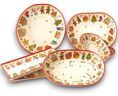 KORAT Set 8 Vassoi Natalizi in Melamina Decorazione “Marzapane” 7 Vassoi + 1 Piatto Panettone Servizio da Portata Natalizio Piatti Leggeri, Resistenti e Lavabili Perfetti per Dolci, Biscotti, Natale