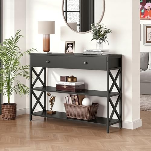Panana Industrial Console Table with Drawer and 2 Storage Shelves, 100cm Narrow Entryway Table, Black Sofa Table with Metal Frame, for Hallway Living Room Bedroom (Black)