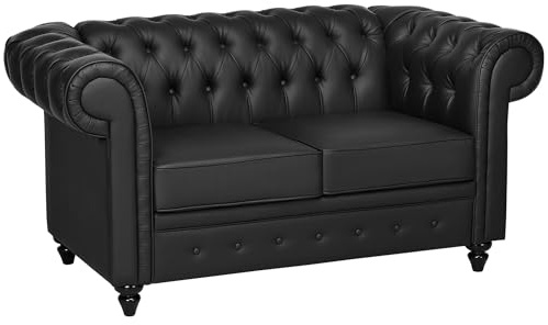 HOMCOM Divano 2 Posti Stile Chesterfield in Finta Pelle, Divanetto da Salotto Trapuntato con Braccioli e Imbottitura Spessa, Sofà con Gambe in Legno di Gomma per Soggiorno e Ufficio, Nero