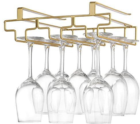 FOMANSH Wine glass holder hanging, no drilling required, storage, no screws required, stainless steel, adjustable shelf thickness, kitchen, Gold