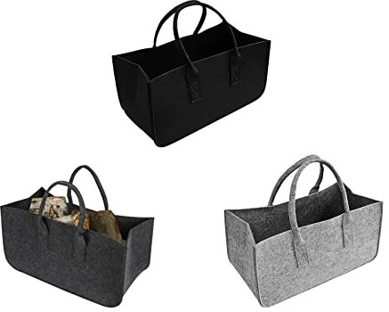 Teahutty Lot de 3 sacs en feutre pour bois de chauffage avec poignée, sac en bois pliable pour cheminée, sac fourre-tout pour bois de chauffage, journal, 50 x 25 x 25 cm