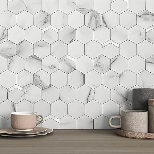 VAOVI Mosaikfliesen Sechseck Aufkleber Fliese Matt,Wandfliesen Küche Selbstklebend Fliesenaufkleber 3d Steinoptik Badezimmer Wasserdichte(5 Stücke,Weißer Silber)