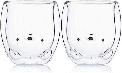 HwaGui 2 söta muggar av dubbelväggigt glas för mjölkkaffekopp, tekopp för födelsedagspresent, 250 ml, björn