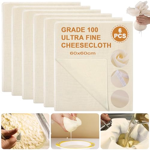 6 Pcs Etamine Alimentaire, 60x60cm Tissu Ourlé Mousseline, Étamine Alimentaire, Sac Tissu Coton Filtre Lavable Non Blanchi Mousseline Alimentaire, pour Filtrer Jus Fromage Thé Épices Spucktuch 60