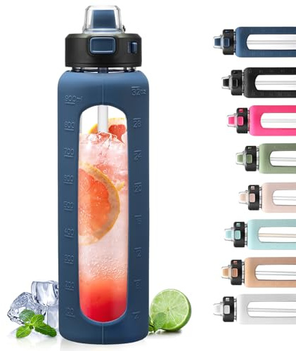 BLUEGO 900ml Trinkflasche Glas mit Strohhalm und Griff Auslaufsichere Wasserflasche mit Silikonhülle und Messskala Sport Glaswasserflasche BPA frei, Dunkelblau