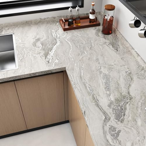 HotDocor Film autocollant pour meubles - Papier peint marbré beige et argenté - Film adhésif pour plan de travail - Lavable - Beige - Mat - Pour armoires de cuisine, table - 60 cm x 300 cm