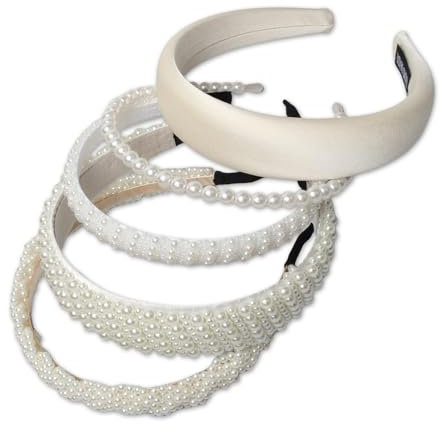 Cosmeria Haarreifen Damen Set, Mit Kunstperlen, 5er-Set, Bequem Und Stylisch Für Hochzeiten, Partys Und Alltag, Weiß Und Beige