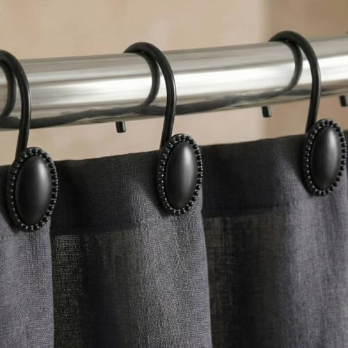 Matte Black Shower Curtain Hooks: Rust Proof Metal Curtain Rings, 12Pcs | Stylish Oval Decorative Shower Hooks, Heavy Duty Hanging Hangers for Shower Rod, Gift for Modern & Luxury Bathroom Decor