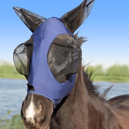 Stretchig hästflugmask med öron menjo utomhus UV-skydd flugmask för hästar, mycket andningsbar bekväm flugmask häst marinblå full
