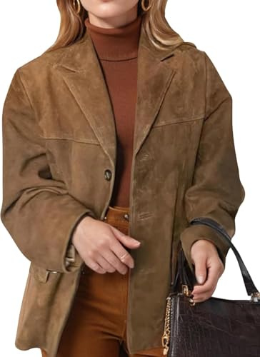 Juankrynord Blazer a maniche lunghe con tasche larghe marrone vintage alla moda primaverile da Donna blazer casual vintage a maniche lunghe con bottoni, abbigliamento da lavoro (Marrone,XXL)