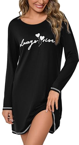 Bresdk Chemise De Nuit Femme Chemises de Nuit Longue Coton Vêtements de Nuit à Imprimé Cœur Col Ras du Cou Hiver Robe
