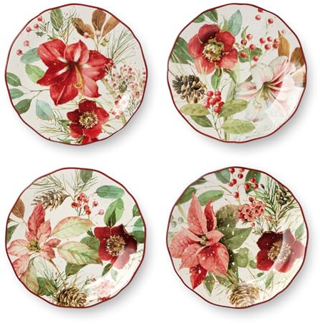 Winter Blooms Set of 4 Holiday Dessert Plates – 9 Festive Floral Plates with Poinsettias & Evergreens – Microwave & Dishwasher Safe Seasonal Tableware for Treats & Appetizers