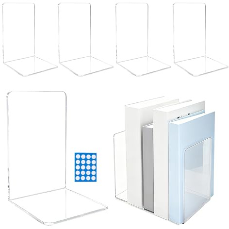 5 Piezas Sujetalibros de Acrílico Transparente Grueso con 20 Almohadillas Antideslizantes, Soporte para Libros de Metacrilato Compactos, Estables y Discretos, para Estantería, Oficina, Escuela y Hogar
