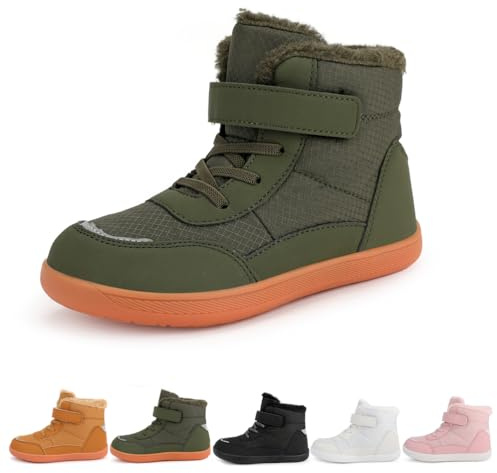 LIWLLIUA Scarpe Barefoot Invernali per Bambini e Bambine – Stivaletti Caldi Impermeabili Antiscivolo con Punta Larga e Suola Zero Drop, Scarpe da Neve Leggere e Comode,K5 Brown,34 EU