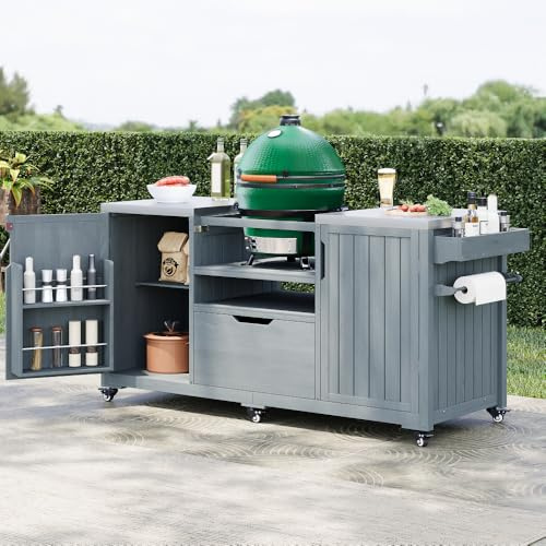 Secsofier 66.5-Inch Solid Wood Outdoor Kitchen Island Cart for Grills, Stainless Steel Top with Drawer & Storage, Compatible with Large Big Green Egg & Kamado Joe (Grey Blue)
