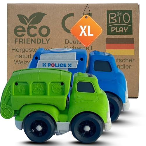 BIOPLAY® 2-pack XL lastbilsset | ekologisk plast | hållbar leksak från 1 år för pojkar och flickor | Inomhus och utomhus | polisbil | återvunnet fordon