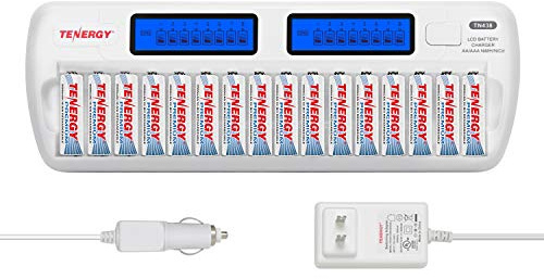 Tenergy TN438 16-Slot Smart Battery Charger for AA/AAA NiMH/NiCd LCD Display + 16 Premium Rechargeable AA Batteries