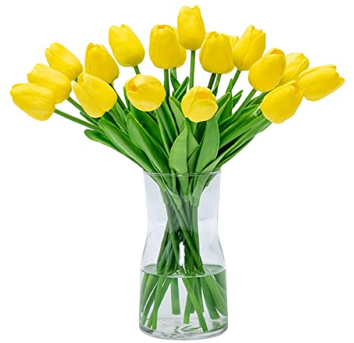 JUSTOYOU Mazzo da 20 tulipani artificiali in lattice dall’effetto realistico, fiori finti da bouquet per matrimonio, casa, giardino, decorazioni, giallo