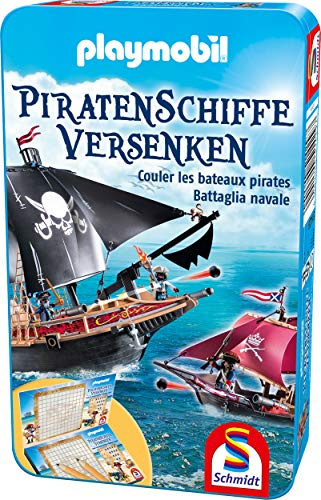 Schmidt Spiele 51429 Playmobil, Piratenschiffe versenken, Bring Mich mit Spiel in der Metalldose, bunt