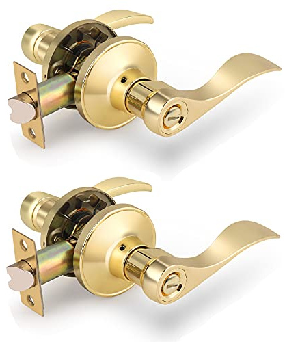 Gobrico Drop Lever Bedroom Bathroom Door Locksets Privacy Locks in Polished Brass,Detachable Latch Plate,Reversible Levers for Right and Left-Handed Doors 2Pack