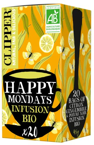 CLIPPER - Infusion Bio - Happy Mondays - Citron, Gingembre & Poivre Noir - 20 Sachets d'Infusion Bio - 1 paquet