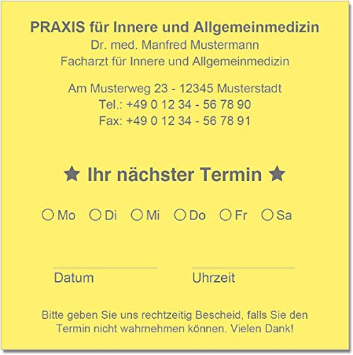 500 Terminzettel Terminkarten nächster Termin mit Ihrer Adresse personalisiert in praktischer Zettelbox mit Stiftehalter 10 x 10 cm (gelb)