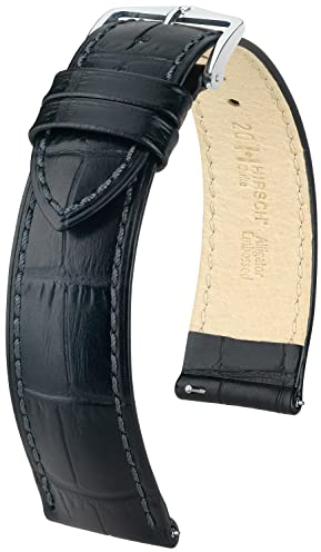 HIRSCH Uhren-Armband Duke L - Uhr-Band aus italienischem Kalbs-Leder mit Alligator-Prägung - Schwarz - 20 mm