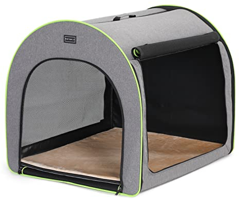 Petsfit Hundebox faltbar für mittelgroße Hunde, Hundebox für Zuhause Transportbox Hund Zimmerkennel Hund haltbar gemütlich Hundeschlafbox mit Anti-offener Reißverschluss und Plüschkissen,M, Hellgrau