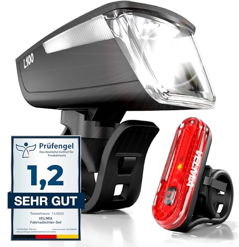 VELMIA Fahrradlichter Set [100 LUX] StVZO zugelassen mit besonders starker Ausleuchtung und 8,5h Leuchtdauer I LED Fahrradlicht Set regenfest und aufladbar I Fahrrad Licht, Fahrrad Zubehör Schwarz
