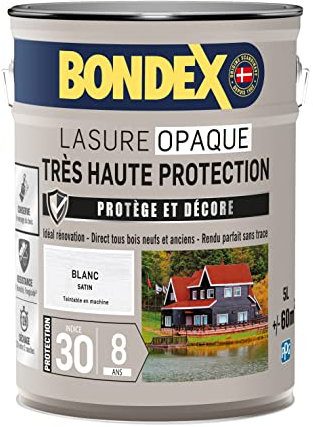 BONDEX - Lasure Opaque Très Haute Protection - Protège et Décore - Direct tous bois - Rendu parfait sans trace - 5 L - Blanc