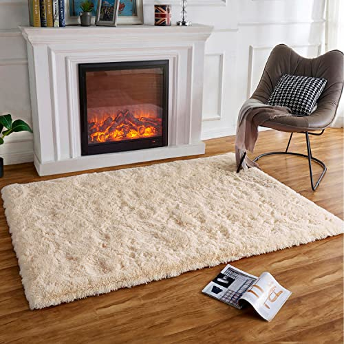 HARESLE Flauschige Teppiche, Beige Teppich für das Wohnzimmer, Superweiche Hochflorige Dicke Plüsch Teppiche für das Schlafzimmer, Kinderzimmer (Beige/140×200 cm)