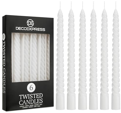 DECO EXPRESS Stabkerzen Set 3er oder 6er Tropffreie Stabkerzen Gedrehte Spiralkerzen Bunte Kerzen Brenndauer 6 Stunden Unparfümiert (Weiß, 6er-Pack)