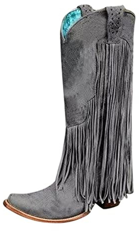liaddkv Botas de tacón grueso para mujer de talla grande de invierno con flecos para mujer, botas de tacón alto, zapatos negros con tacón para mujer, gris, 40 EU